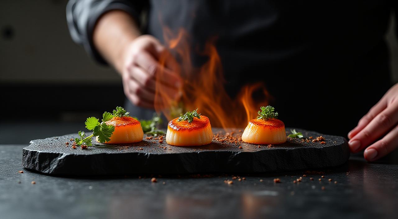 Chef searing fresh ingredients over hot volcanic stones in a minimalist kitchen